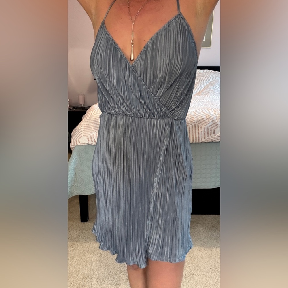 Blue pleated slip mini dress with spaghetti straps - size small - Picture 2 of 8